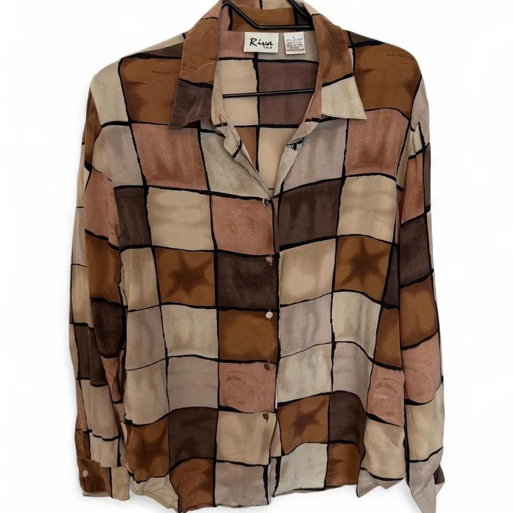 Vintage 100% Silk Abstract Patchwork Button-Up
